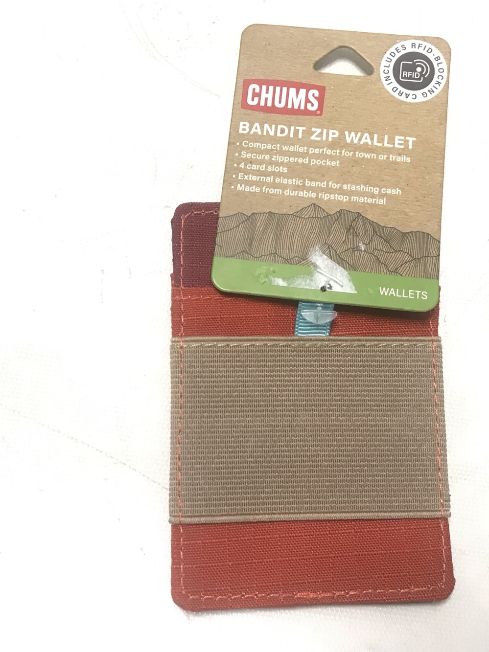 Chums Bandit Zip Wallet RFID Blocking Card Rust Burgundy Tan New
